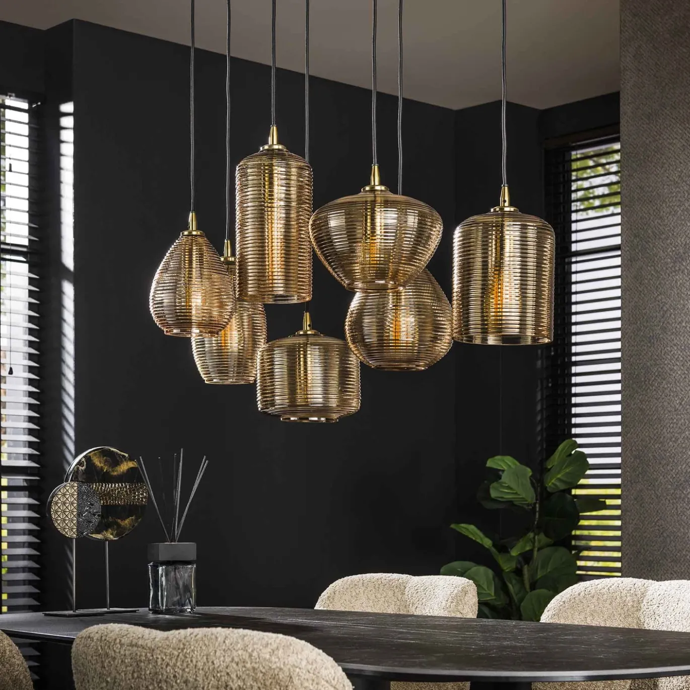Hanglamp Stripe Horizontal 4+3-Lichts Glas Amber - Giga Meubel