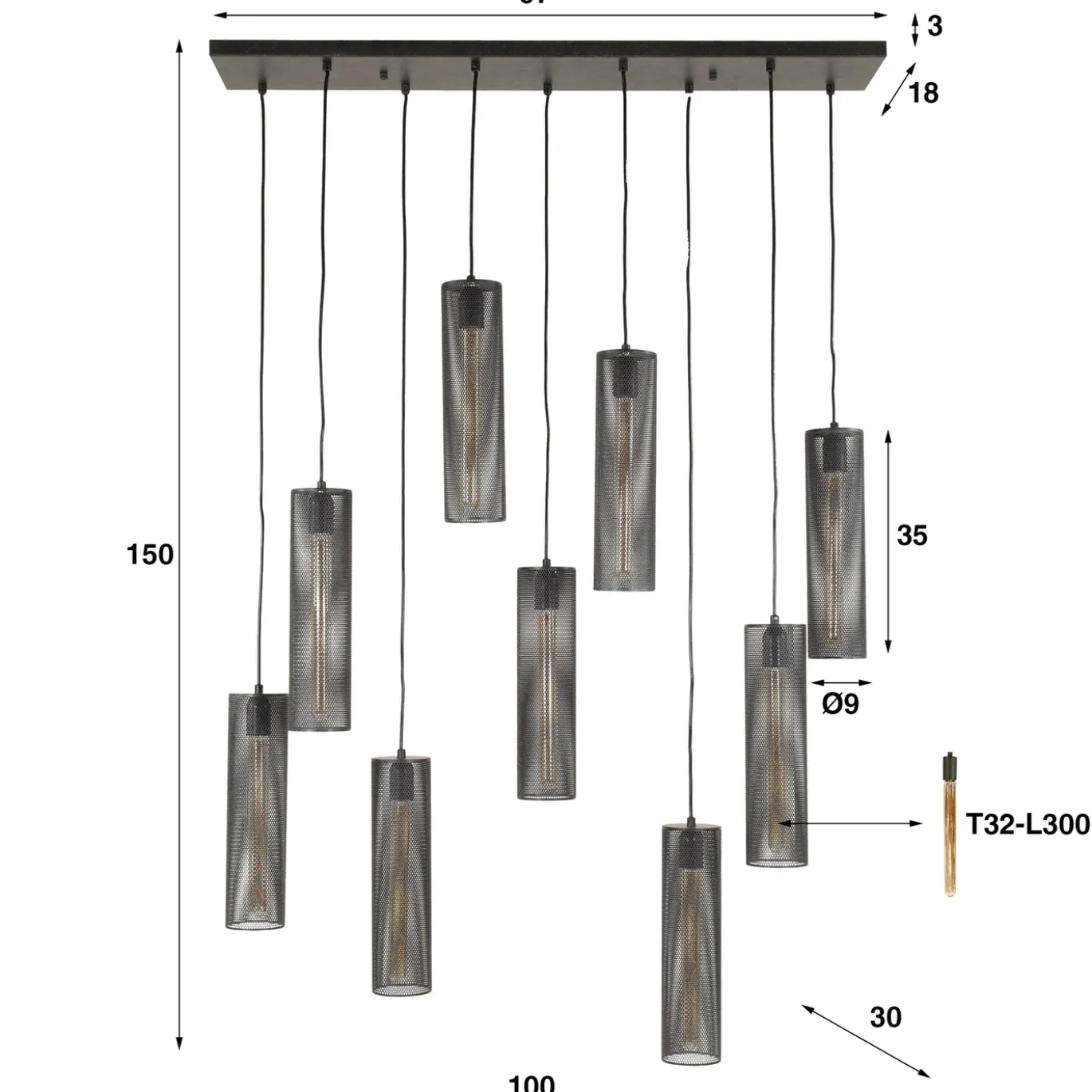 Hanglamp Tube Mesh Zwart 9-Lichts - Giga Meubel