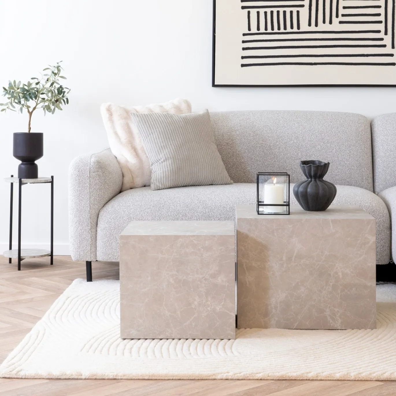 House Nordic Salontafel Prague Marmerlook Beige Set Van 2