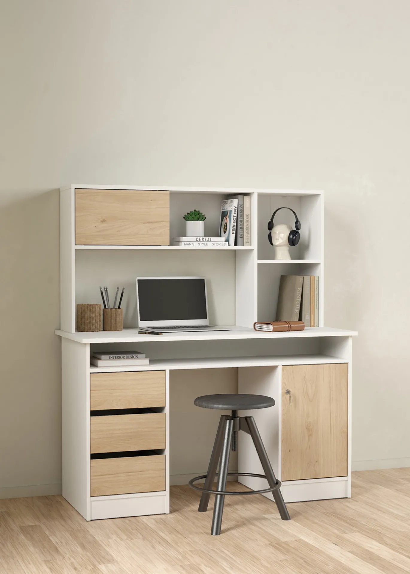 Kantoorbureau Function Plus Wit Jackson Hickory Met Bovenkast - Giga Living