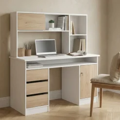 Kantoorbureau Function Plus Wit Jackson Hickory Met Bovenkast - Giga Living