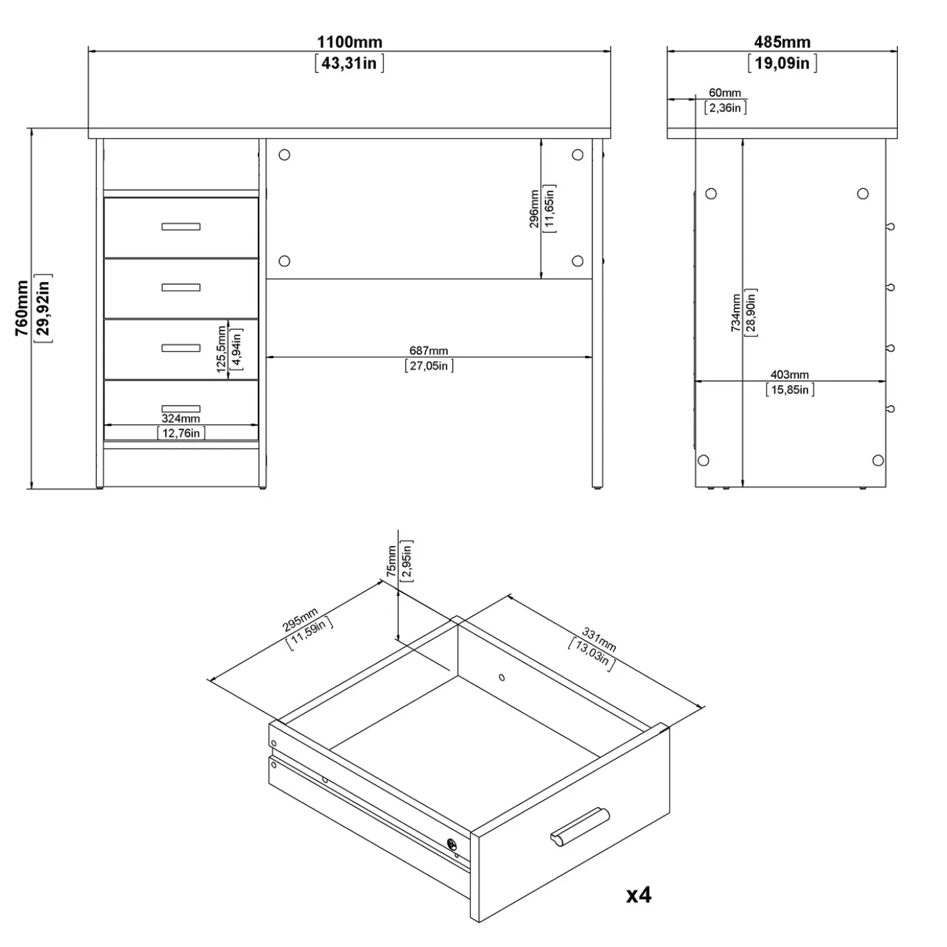 Kantoorbureau Function Plus Wit 4-lades - Giga Living