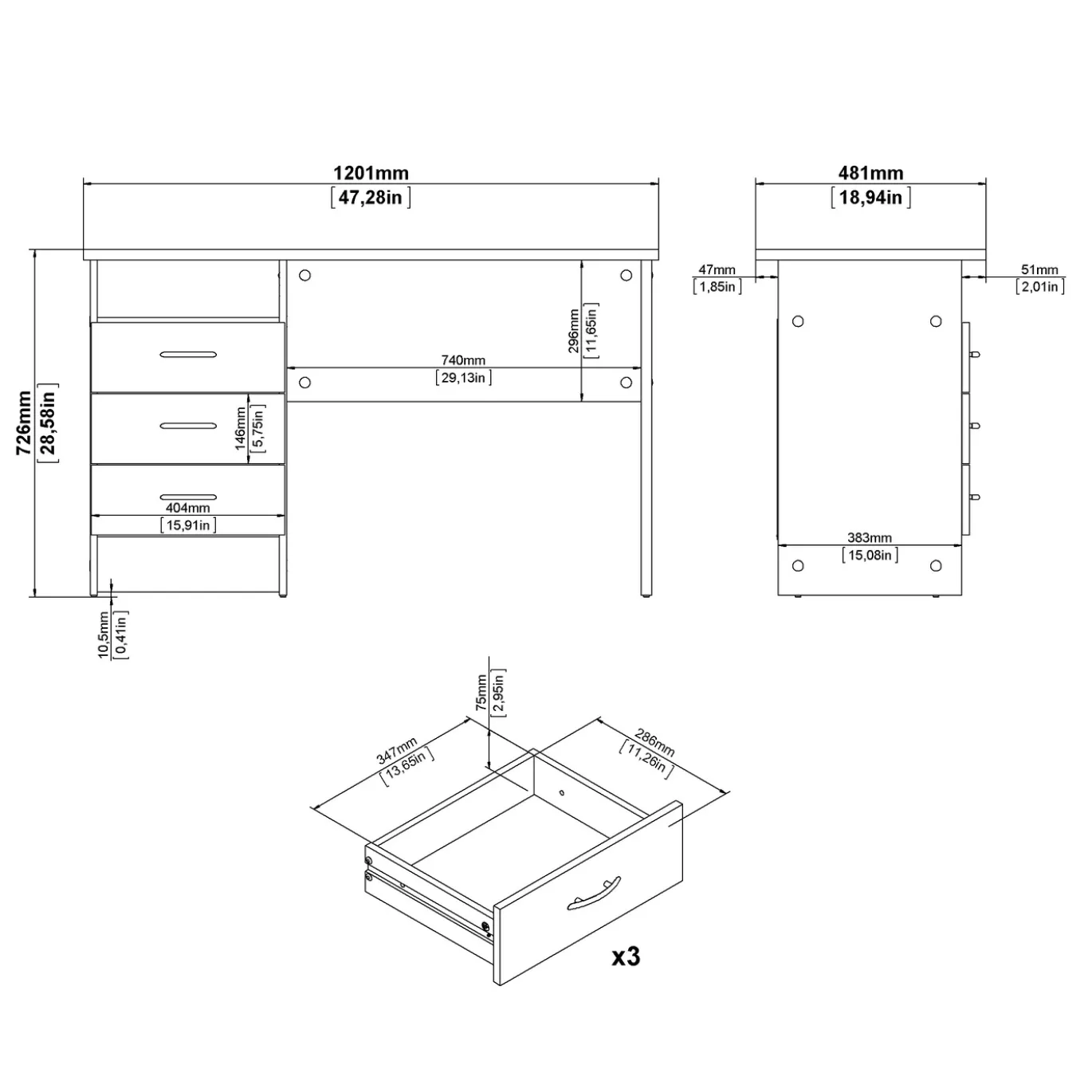 Kantoorbureau Function Plus Wit 3-lades - Giga Living