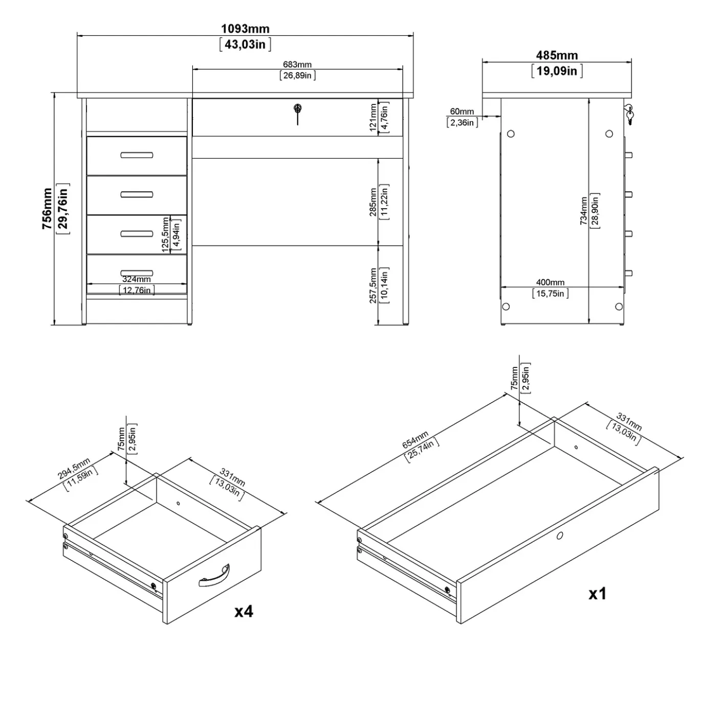 Kantoorbureau Function Plus Wit 5-lades - Giga Living