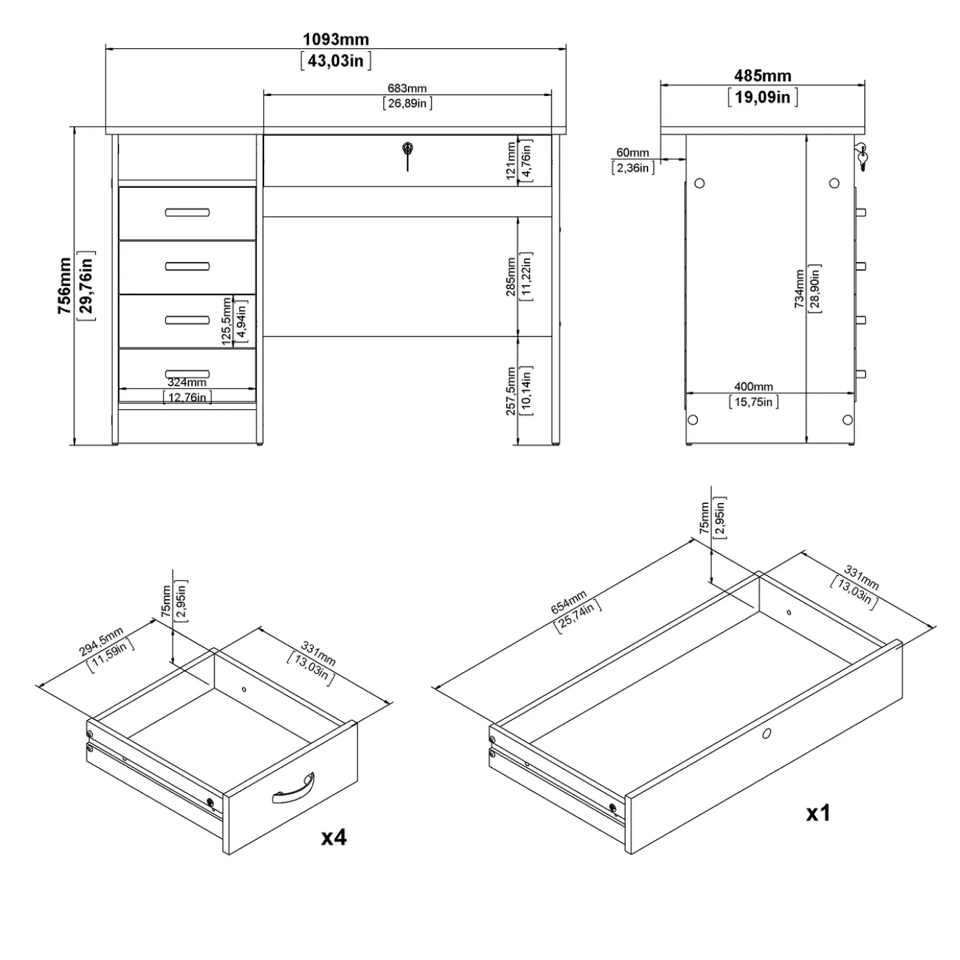 Kantoorbureau Function Plus Naturel 5-lades - Giga Living