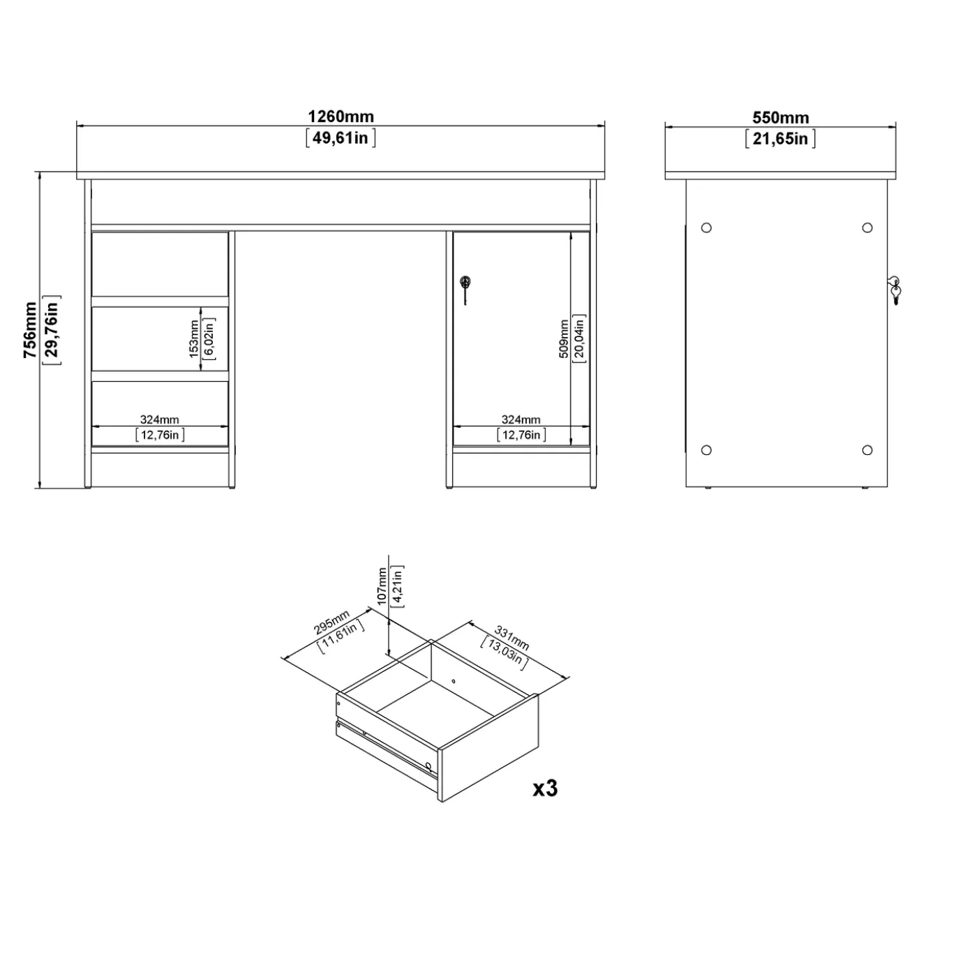 Kantoorbureau Function Plus Jackson Hickory Dicht + 3-lades - Giga Living
