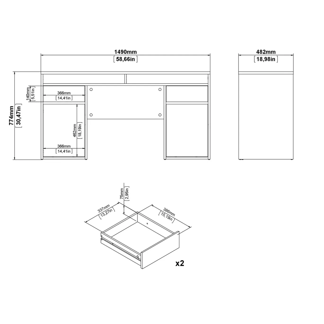 Kantoorbureau Function Plus Wit Hoogglans Dicht + 2-lades - Giga Living