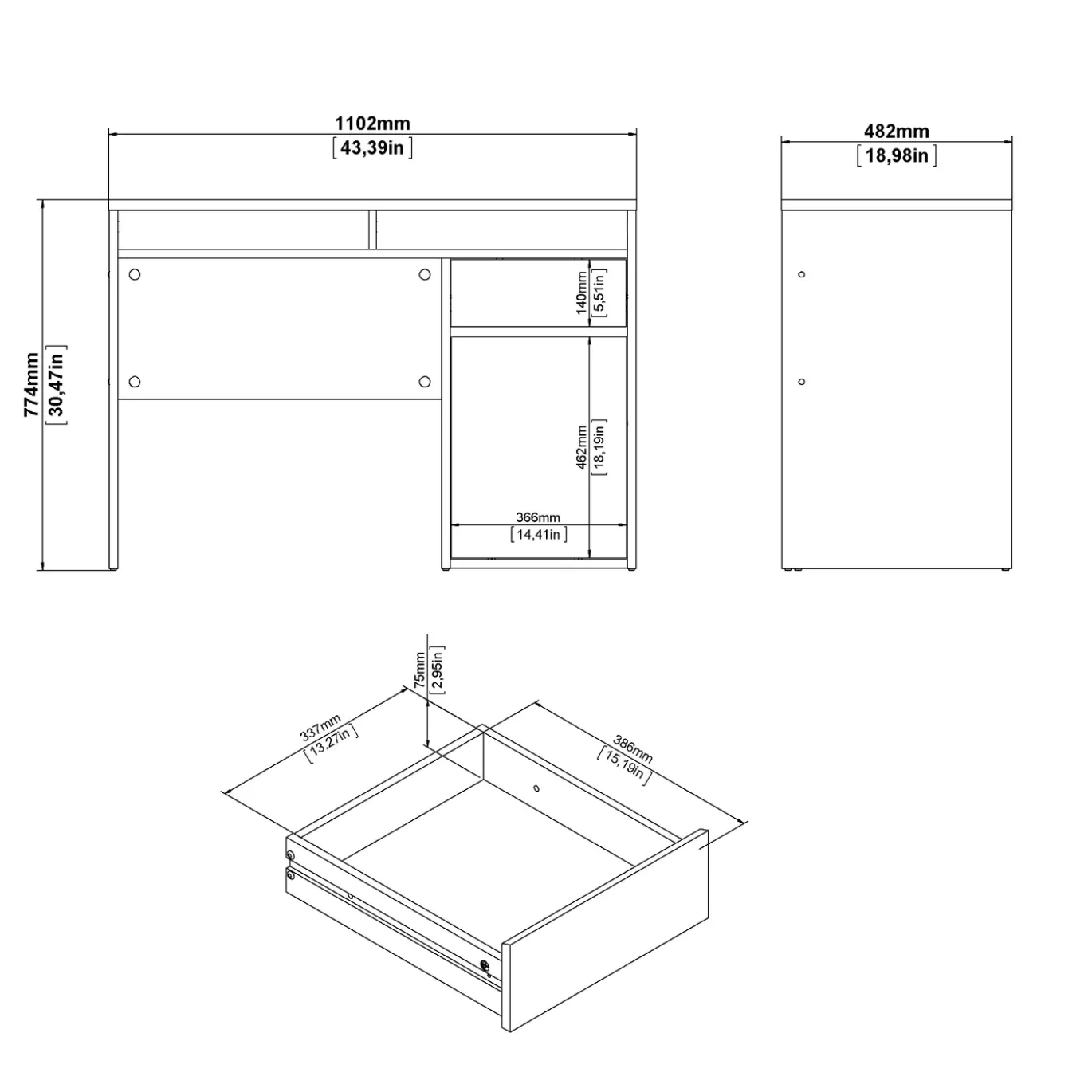 Kantoorbureau Function Plus Wit Hoogglans 110cm - Giga Living