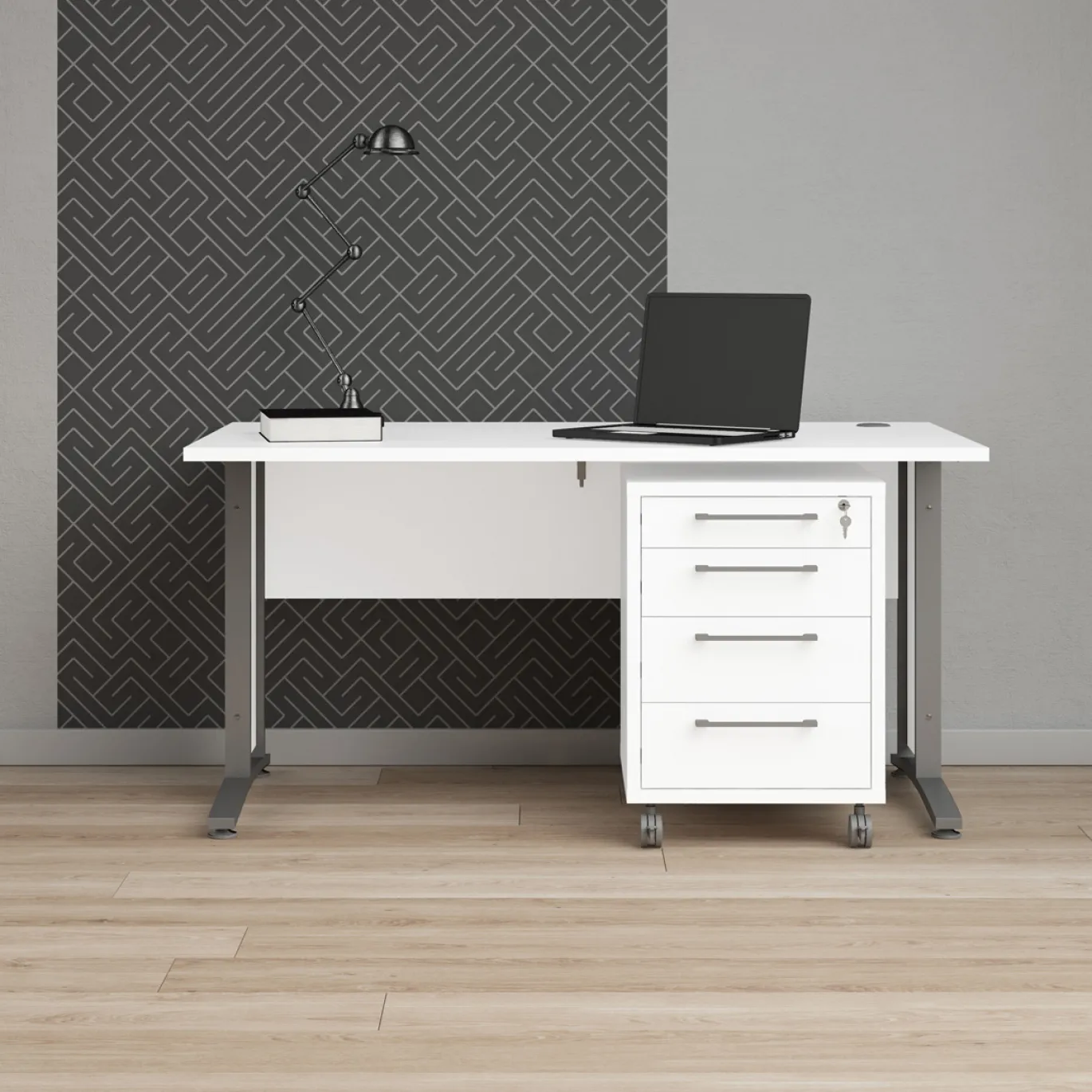 Kantoorbureau Prima Wit Zilvergrijs Staal Met Lades 150x80cm - Giga Living