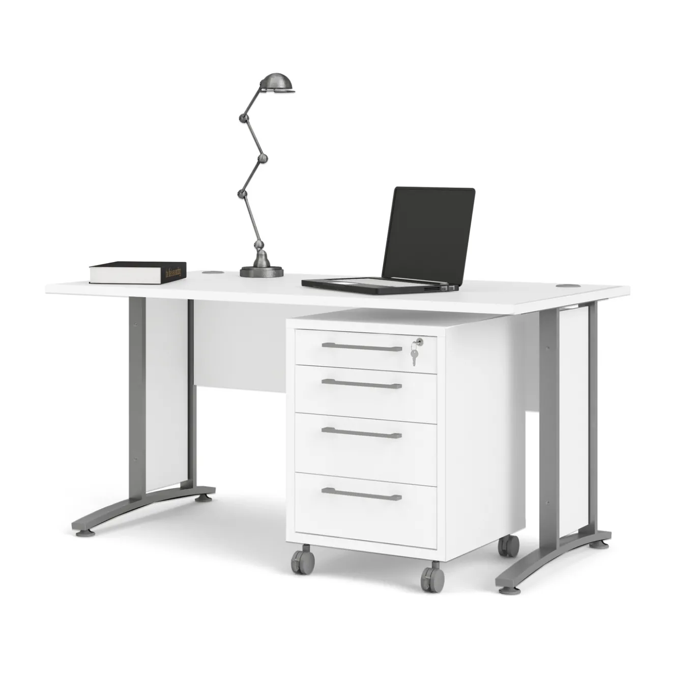 Kantoorbureau Prima Wit Zilvergrijs Staal Met Lades 150x80cm - Giga Living
