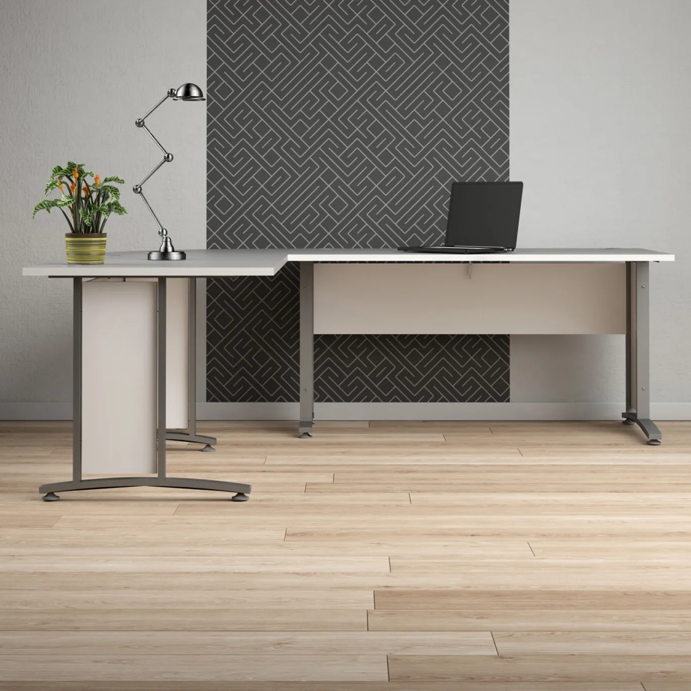 Kantoorbureau Prima Wit Zilvergrijs Staal Met Lades 200x230cm - Giga Living