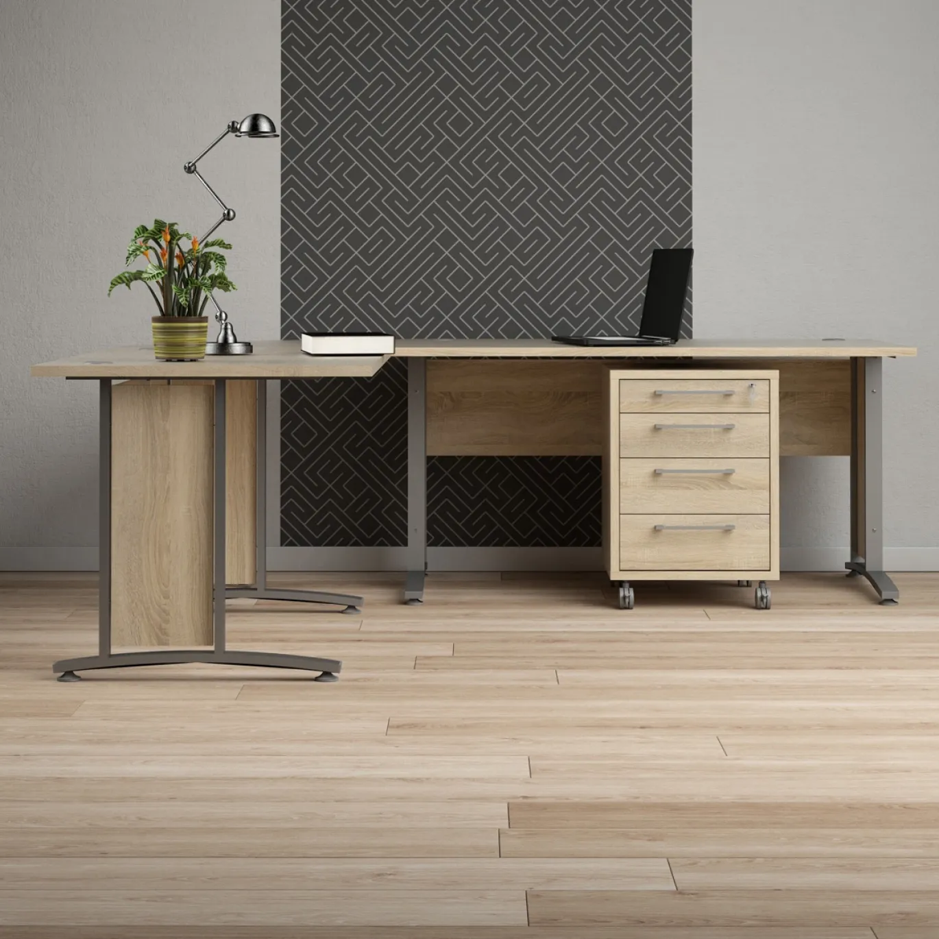 Kantoorbureau Prima Zilvergrijs Staal Naturel Met Lades 200x230cm - Giga Living