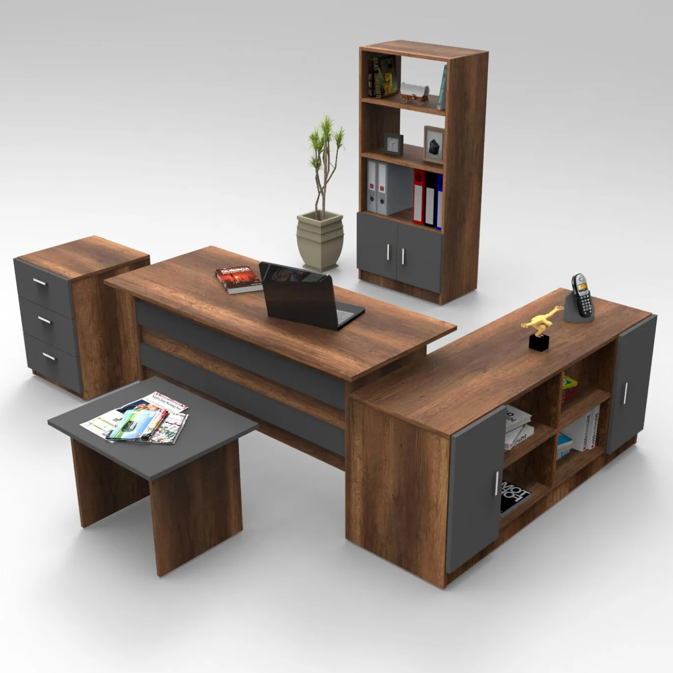 Kantoor Meubel Set Melamine Walnoot Antraciet