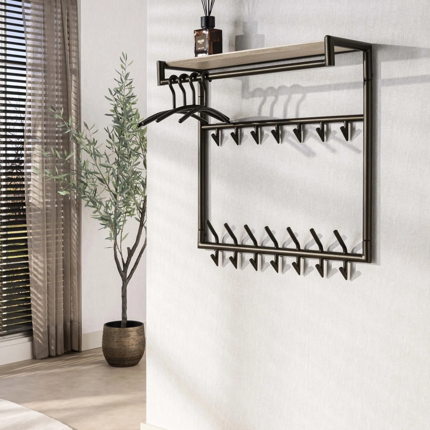 Kapstok Terra Hoog Roede En Hoedenplank 3x7 Haken Melamine Travertin - Giga Meubel