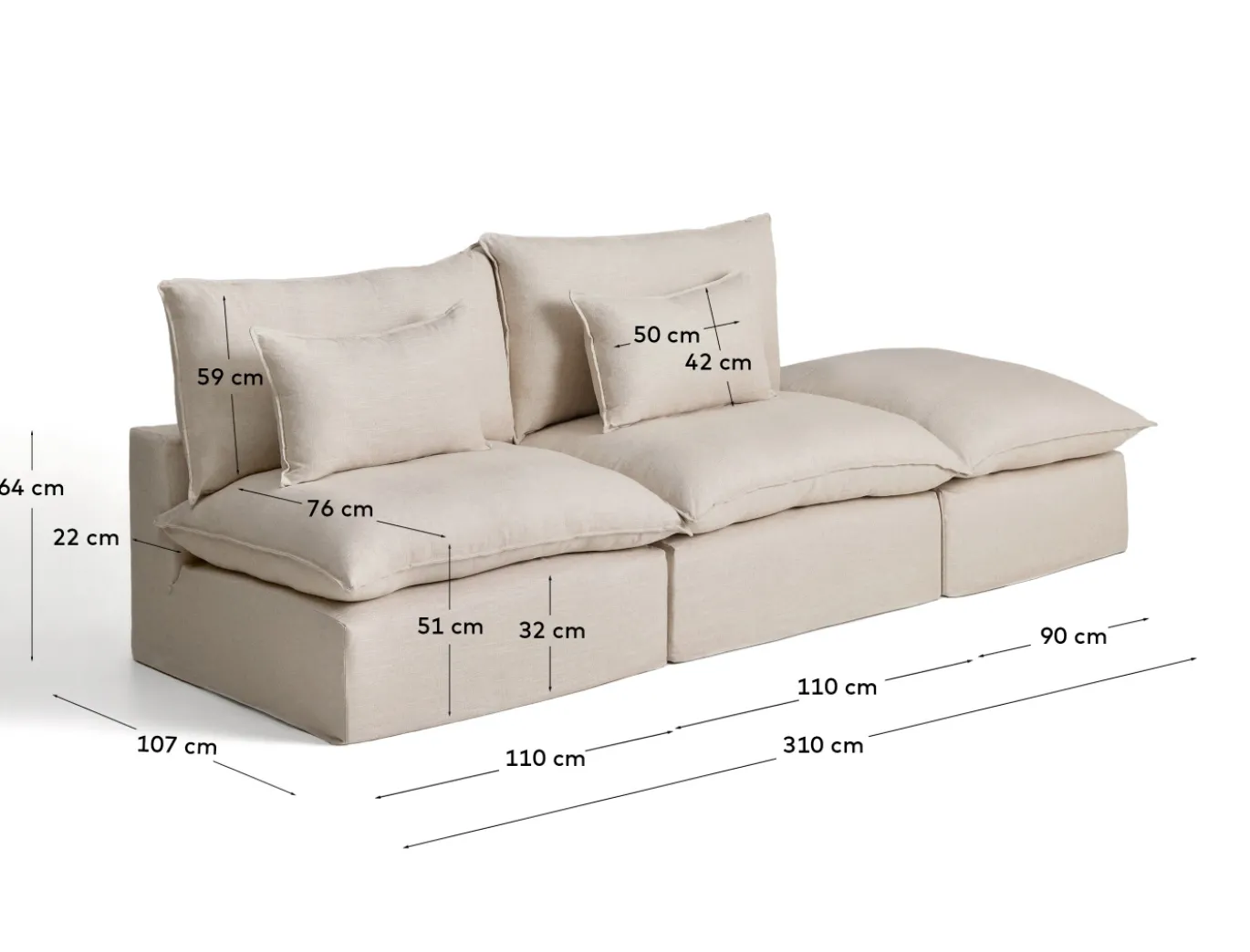 Kave Home Bank Anarela met Eindstuk Linnen Beige 310cm
