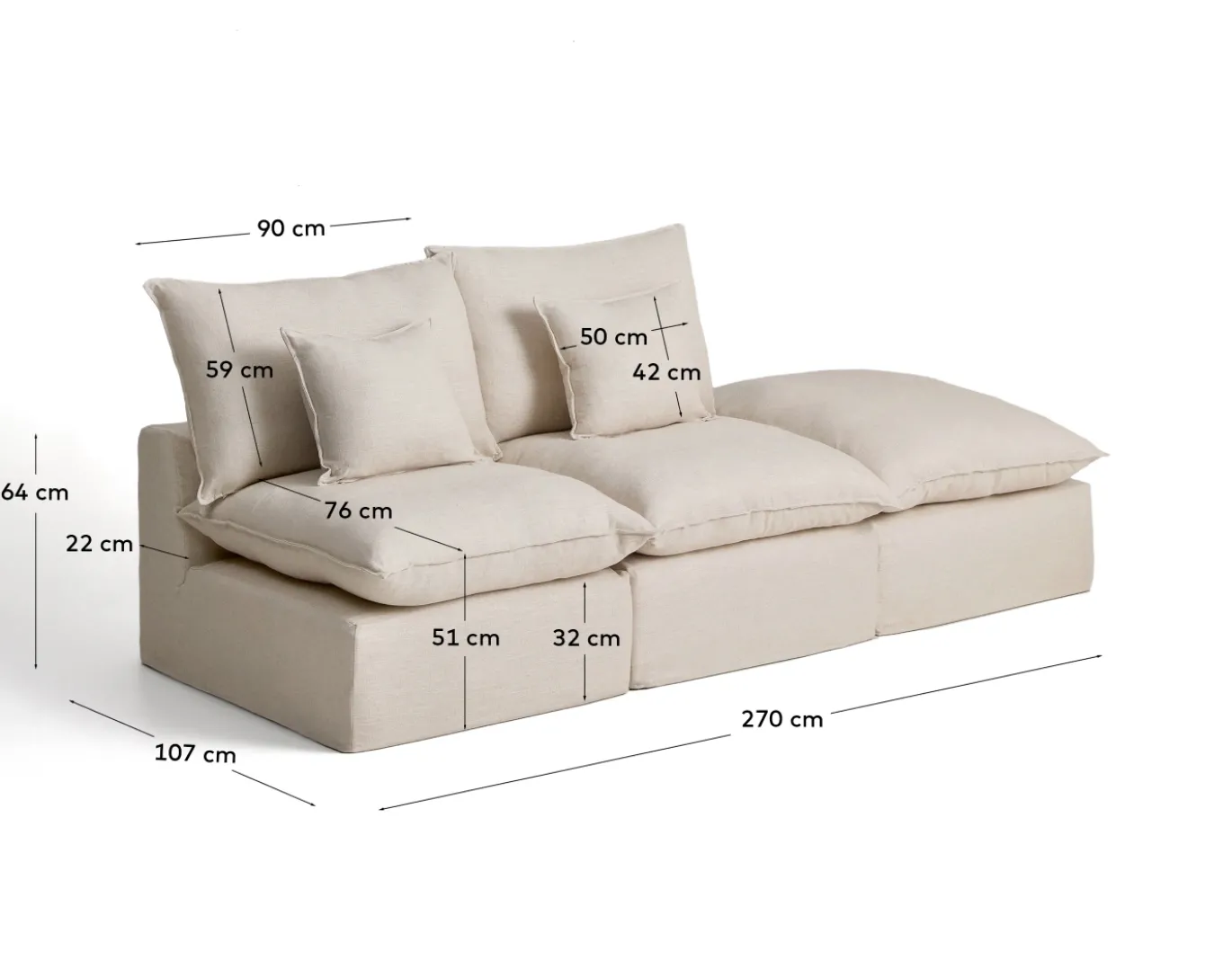 Kave Home Bank Anarela met Eindstuk Linnen Beige 270cm
