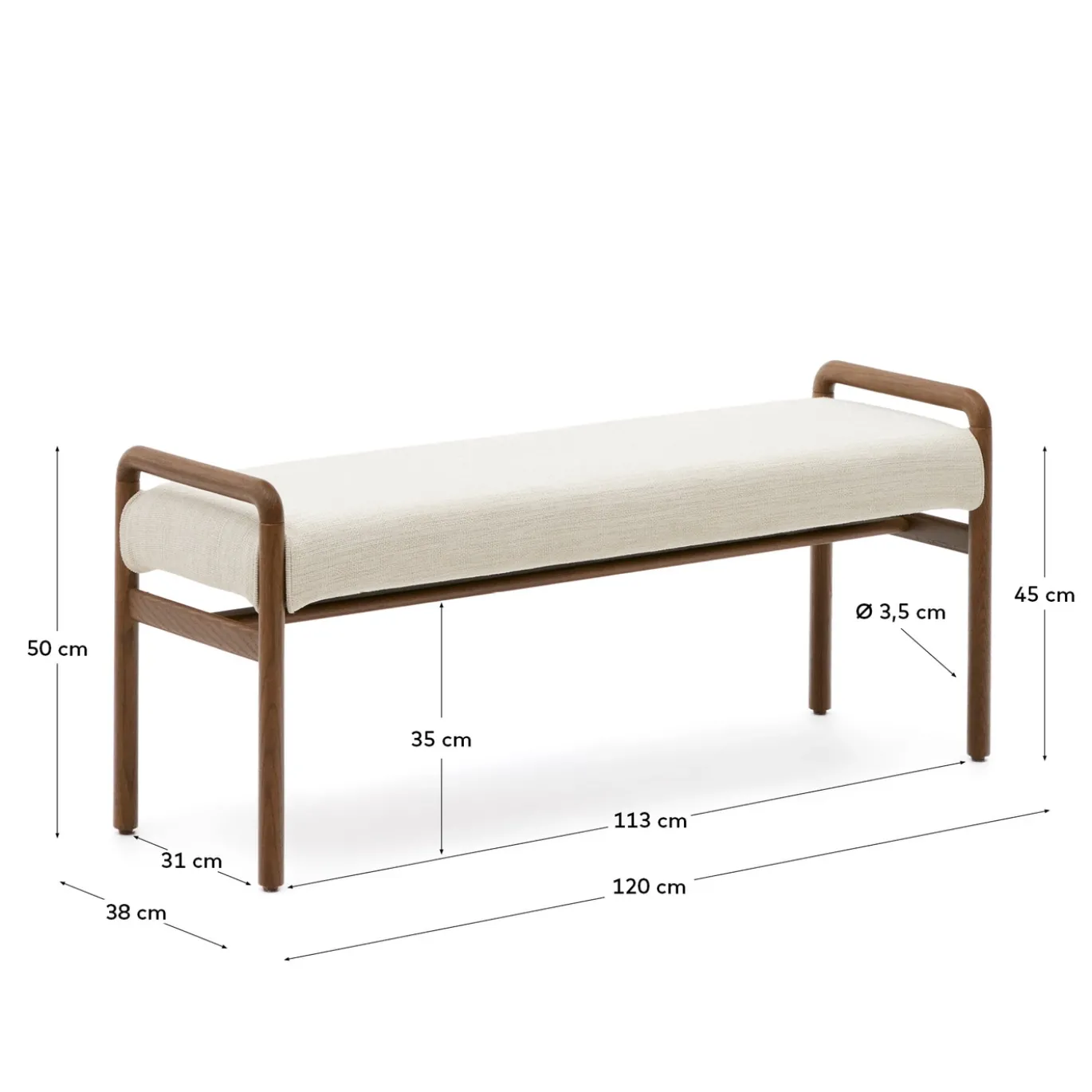 Kave Home Bankje Macaret Massief Eikenhout Bruin Afneembare Hoes 120cm