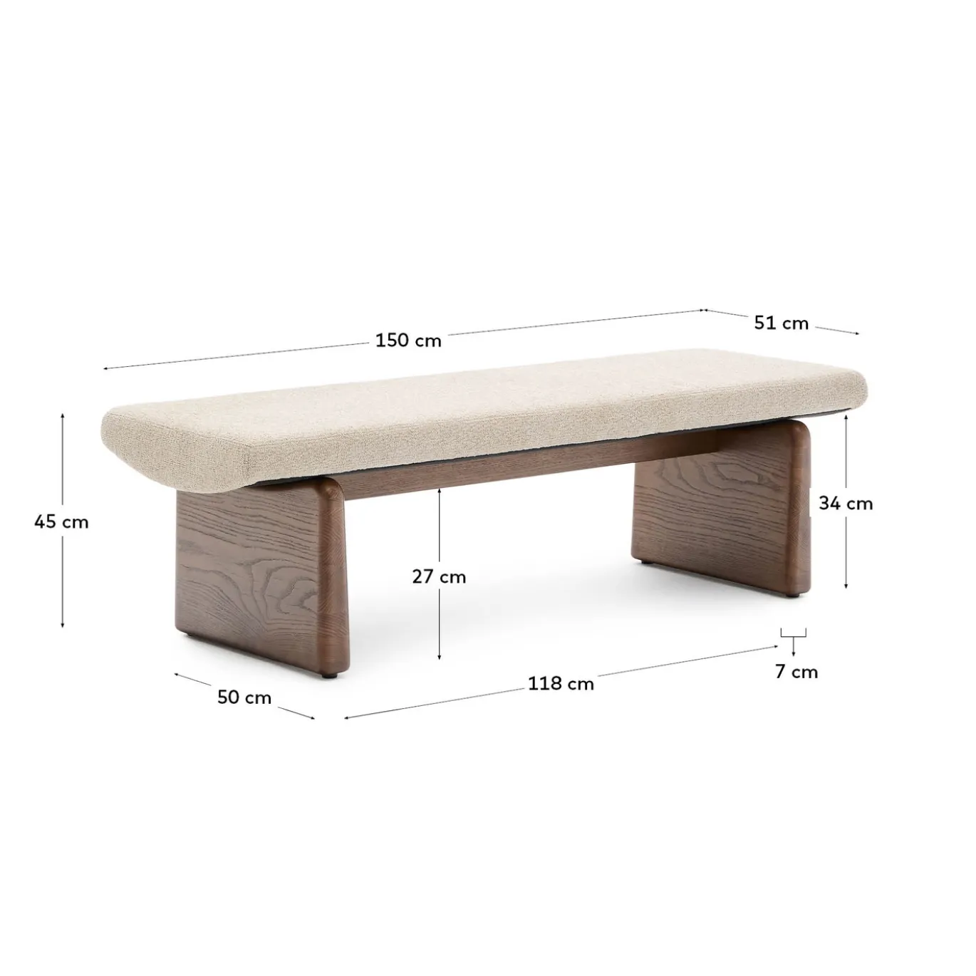 Kave Home Bankje Topaz Beige Chenille En Essenhout Bruin 150cm