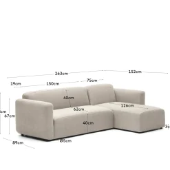 Kave Home Bank Neom Modulaire 3 Zits Chaise Longue Rechts/links Beige 263cm