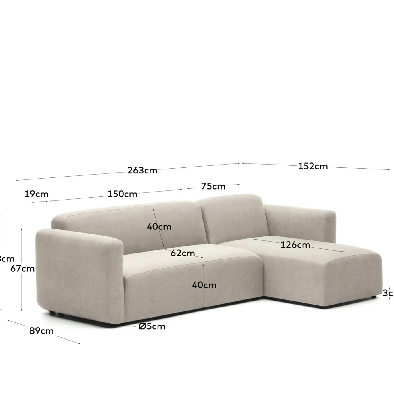Kave Home Bank Neom Modulaire 3 Zits Chaise Longue Rechts/links Beige 263cm