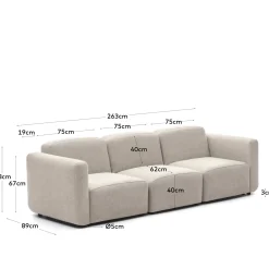 Kave Home Bank Neom 3 Zits Modulair Beige 263cm