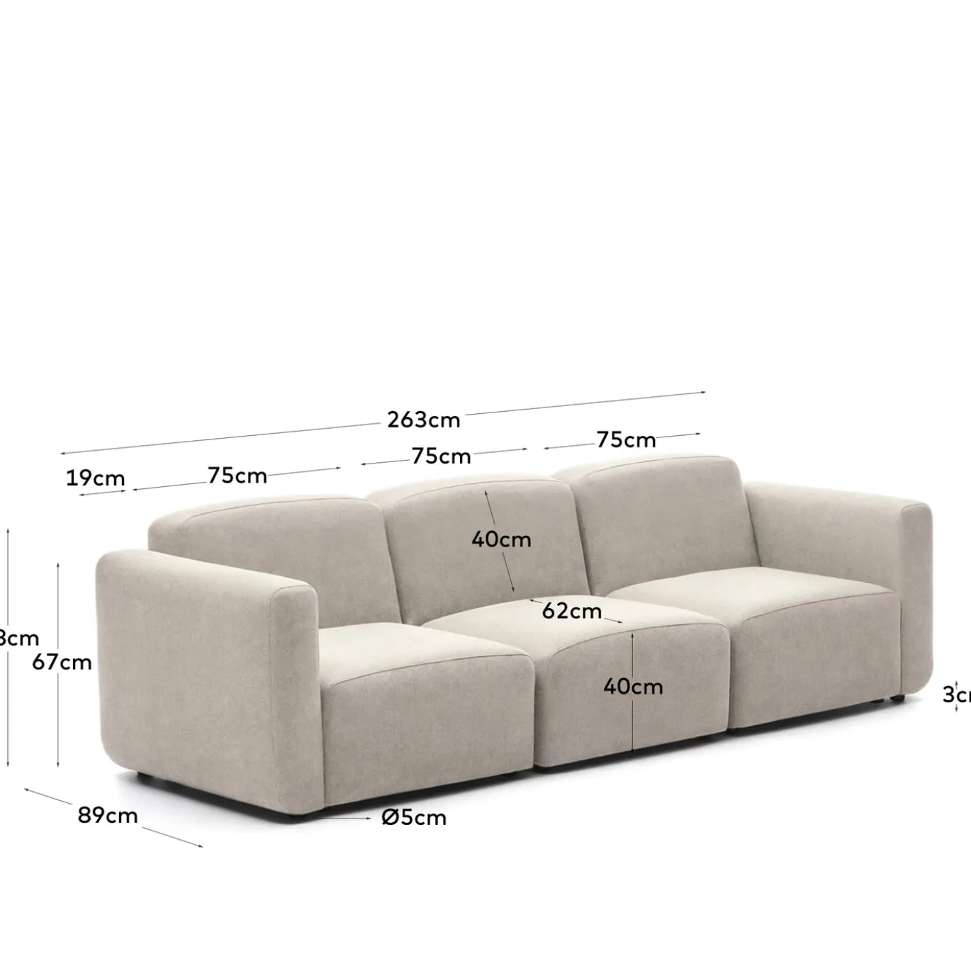 Kave Home Bank Neom 3 Zits Modulair Beige 263cm