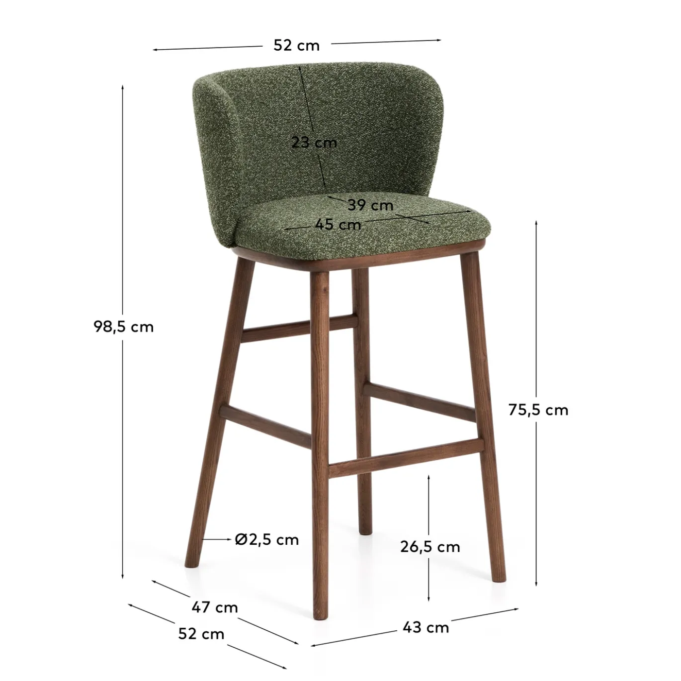 Kave Home Barkruk Ciselia Chenille Donkergroen/Walnoot