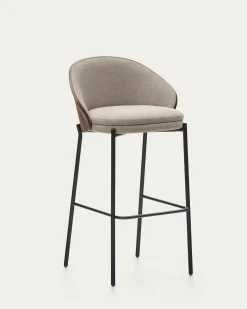 Kave Home Barkruk Eamy Lichtbruin Chenille en Essenhoutfineer Walnoot