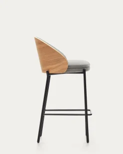 Kave Home Barstoel Eamy Lichtgrijs Chenille Essenhoutfineer Naturel