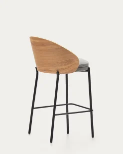 Kave Home Barstoel Eamy Lichtgrijs Chenille Essenhoutfineer Naturel