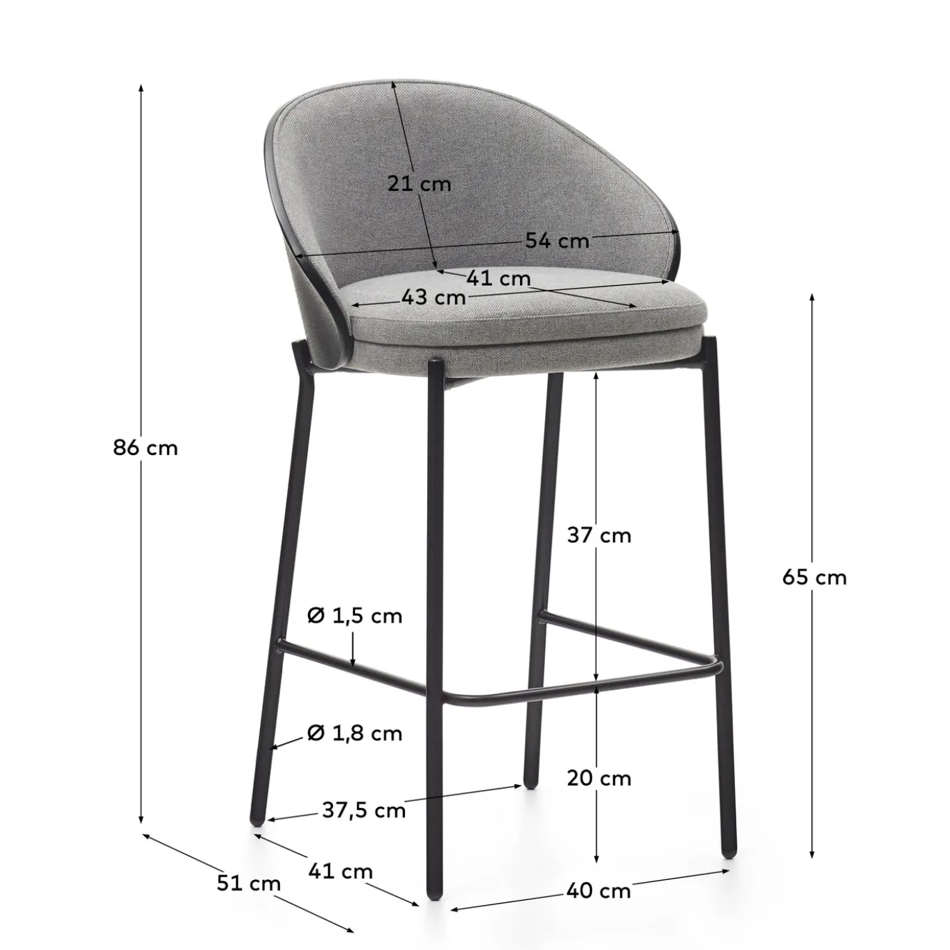 Kave Home Barstoel Eamy Lichtgrijs Chenille Essenhoutfineer Zwart