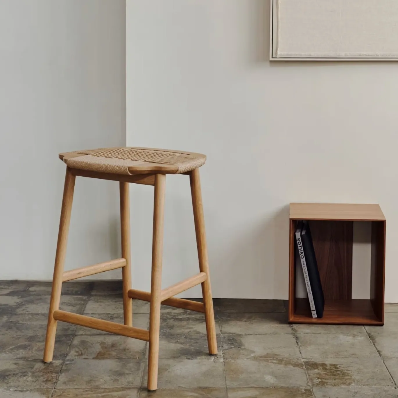 Kave Home Barstoel Enit Beige Touw Massief Eikenhout