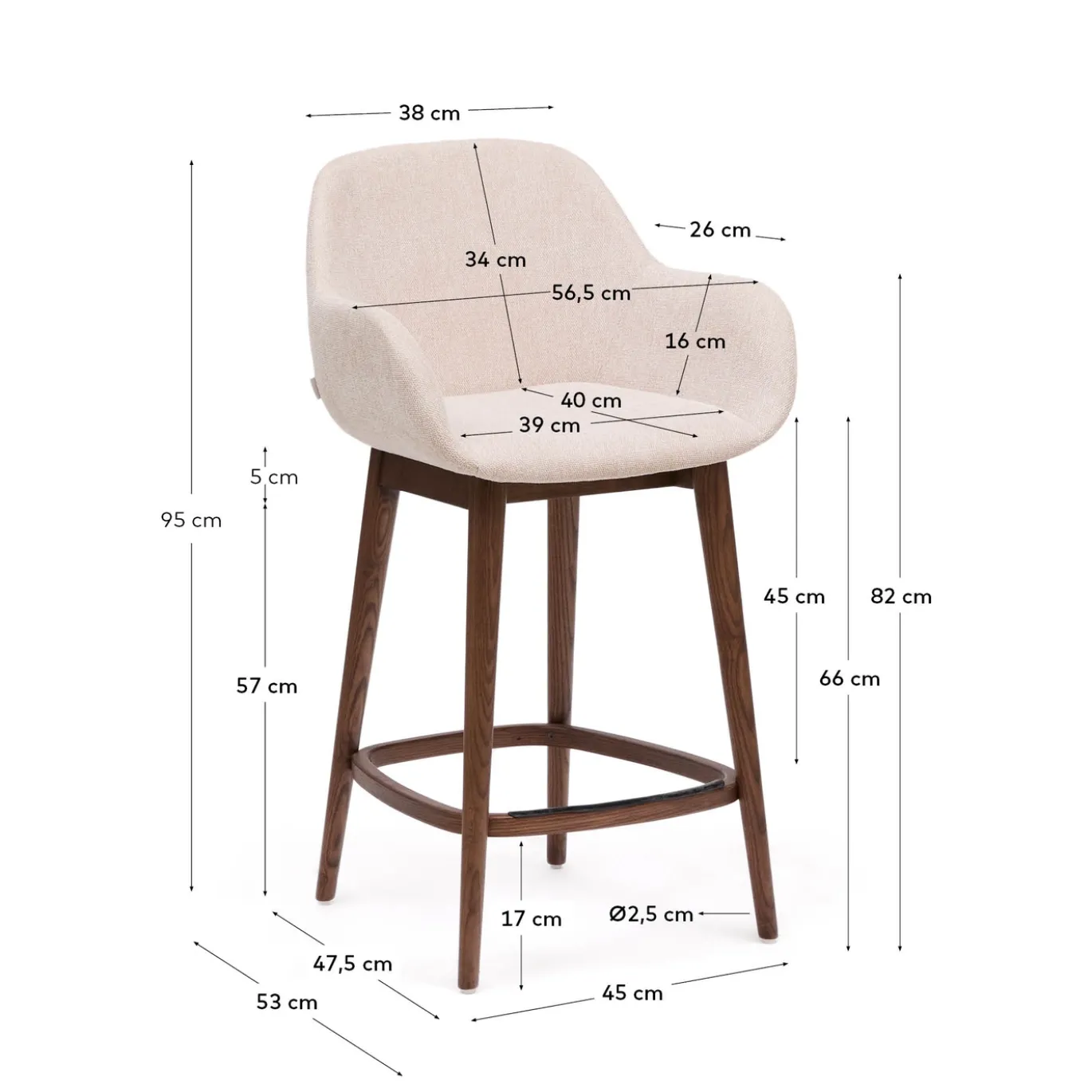 Kave Home Barstoel Konna Beige met Essenhouten Poten Donker 65cm