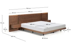 Kave Home Bed Norlen met 2 Nachtkastjes Walnootfineer Bruin en Led-licht voor Matras 180x200cm