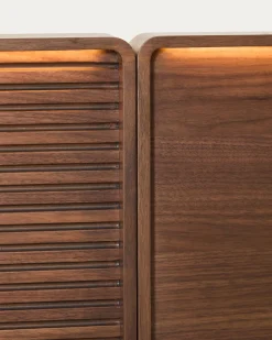 Kave Home Bed Norlen met 2 Nachtkastjes Walnootfineer Bruin en Led-licht voor Matras 180x200cm