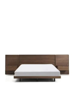 Kave Home Bed Norlen met 2 Nachtkastjes Walnootfineer Bruin en Led-licht voor Matras 160x200cm