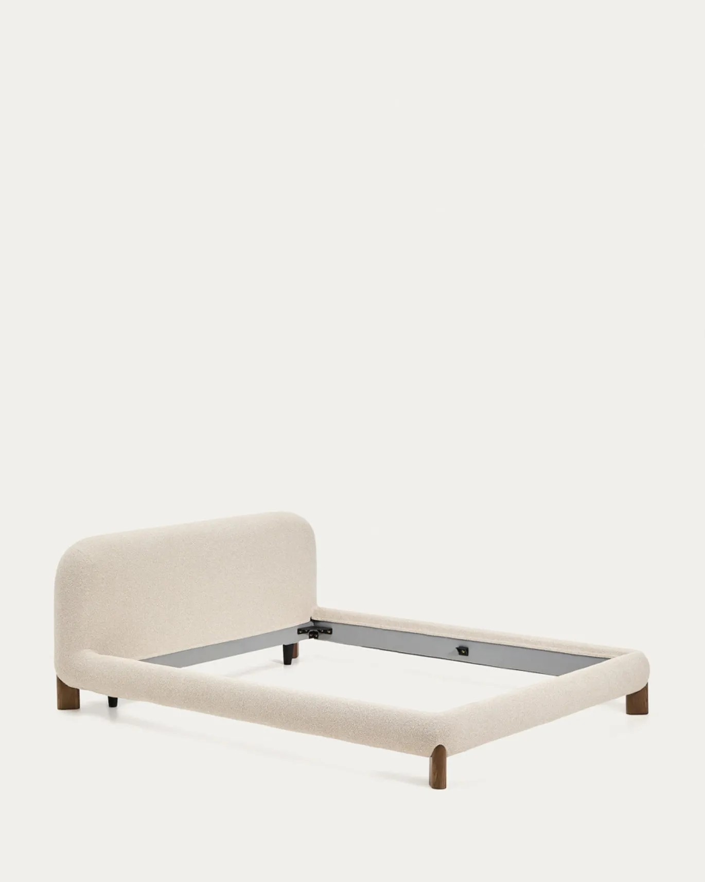 Kave Home Bed Odina Ecru Bouclé Afneembare Hoes Beige Essenhout voor Matras 160x200cm