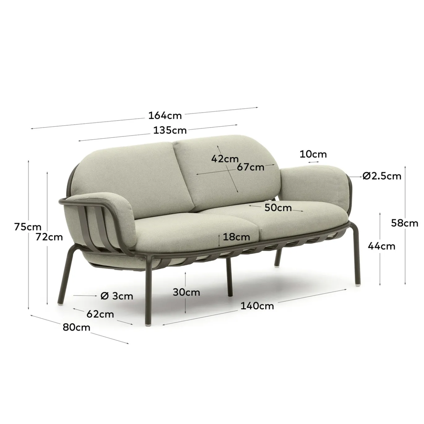 Kave Home Buitenbank Joncols 2-Zits Aluminium Groen Gelakt 164cm