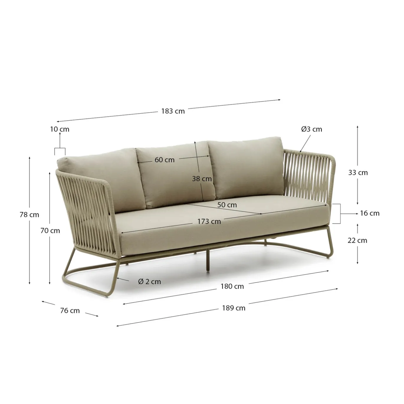 Kave Home Buitenbank Saconca 3-Zits Touw Groen 189cm