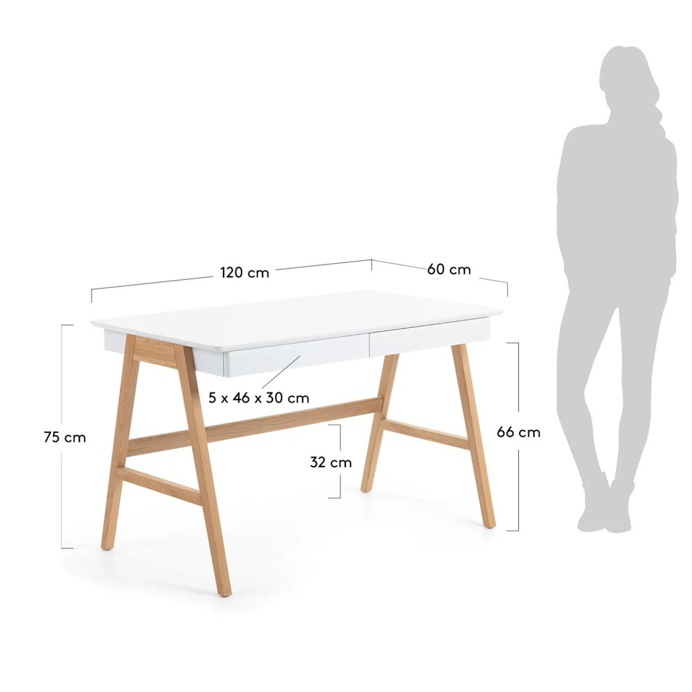 Kave Home Bureau Dyana Wit Gelakt MDF Massief Essenhout 120x60cm