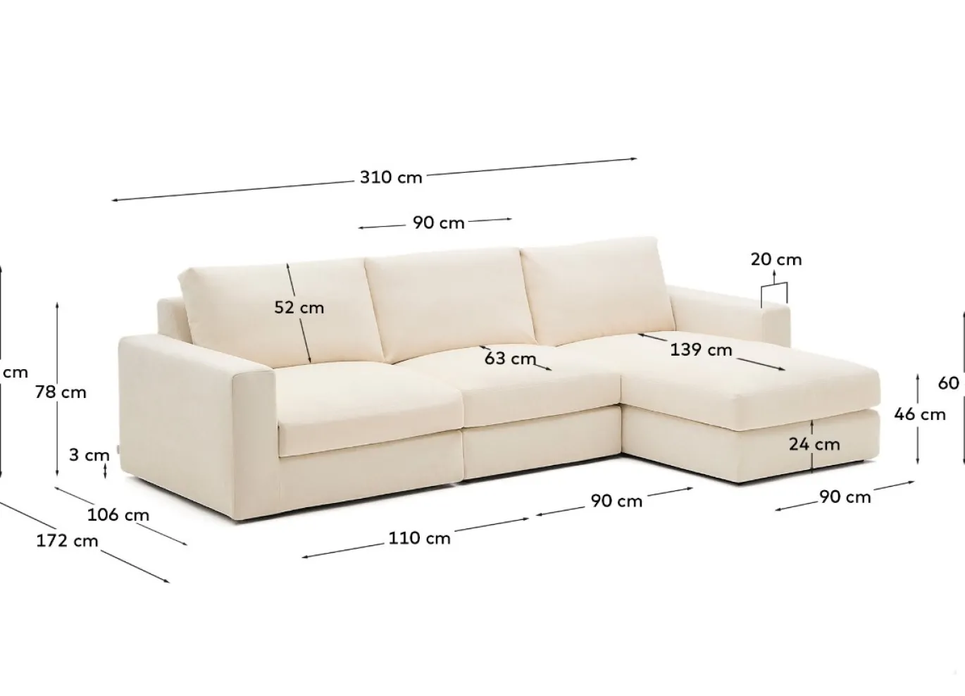 Kave Home Chaise Longue Bank Alea Chenille Ecru 4-Zits Rechts