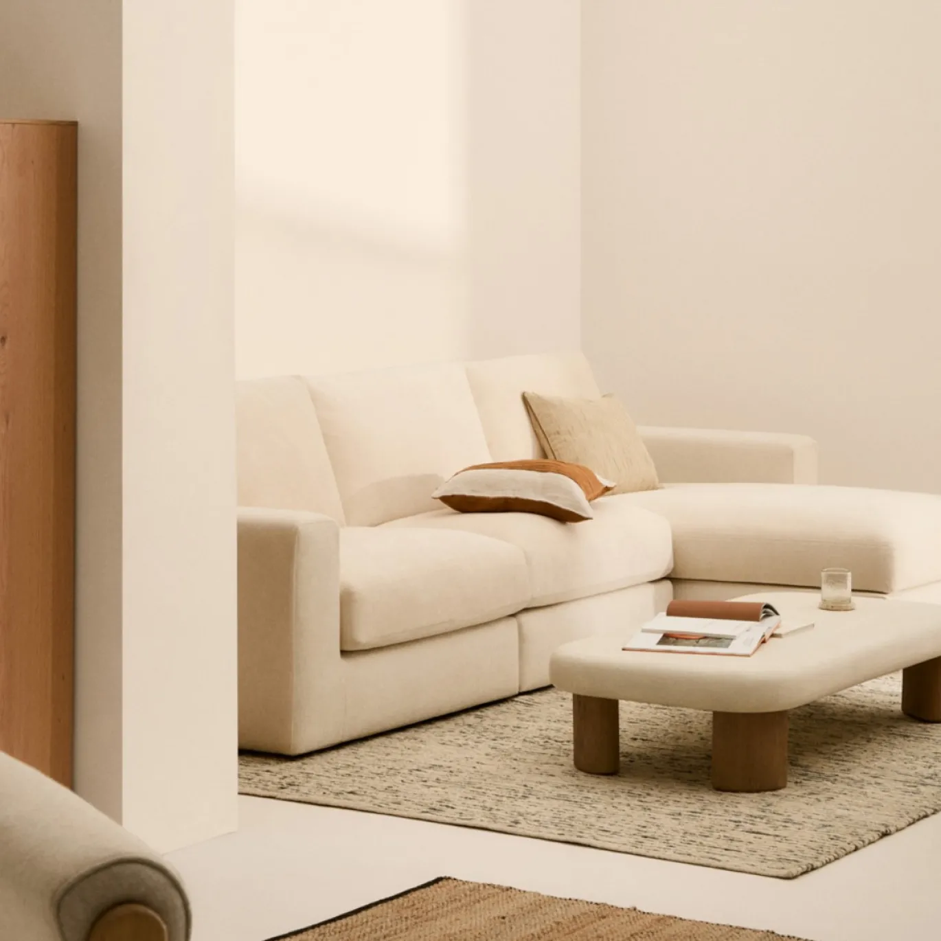 Kave Home Chaise Longue Bank Alea Chenille Ecru 4-Zits Rechts