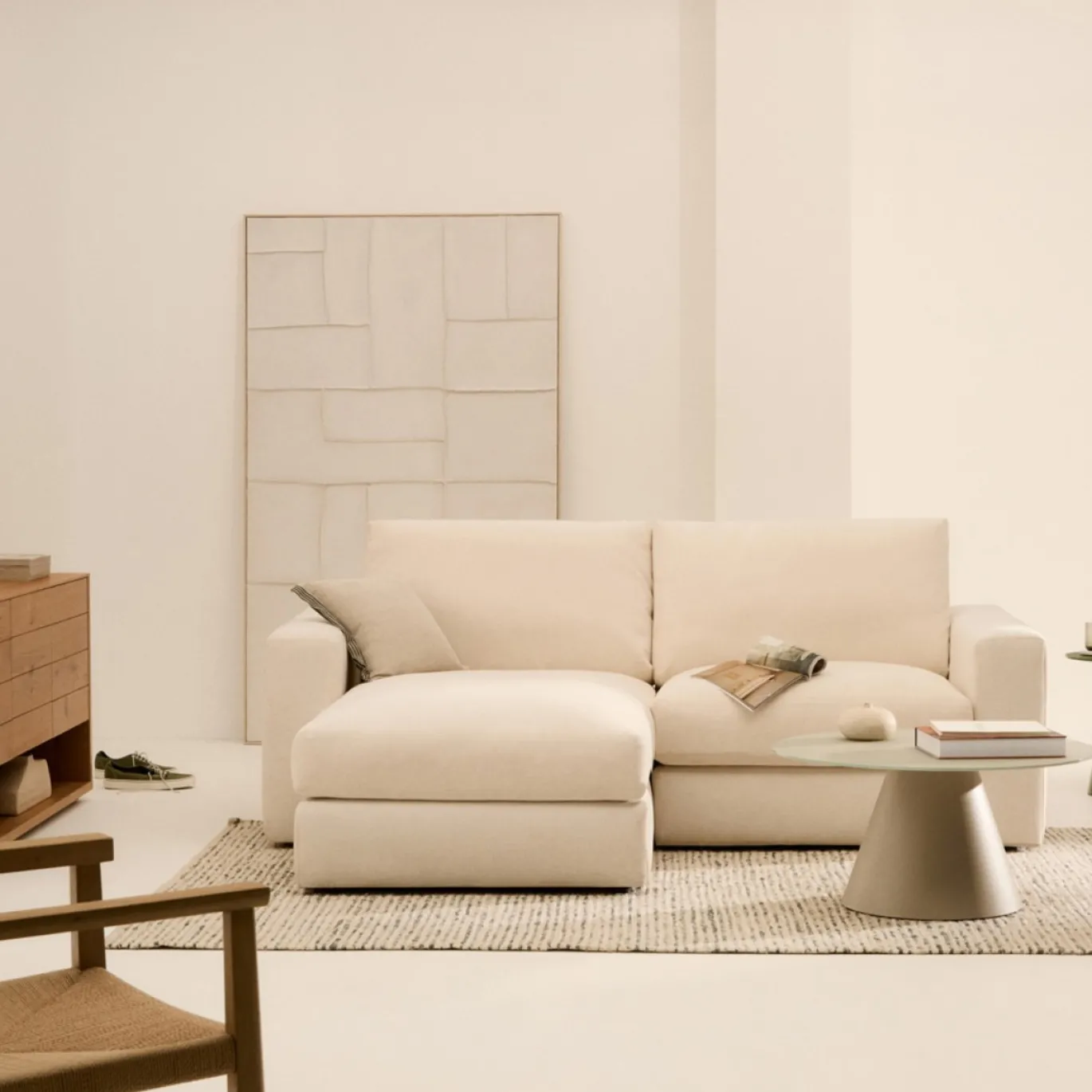 Kave Home Chaise Longue Bank Alea Chenille Ecru 3-Zits Links