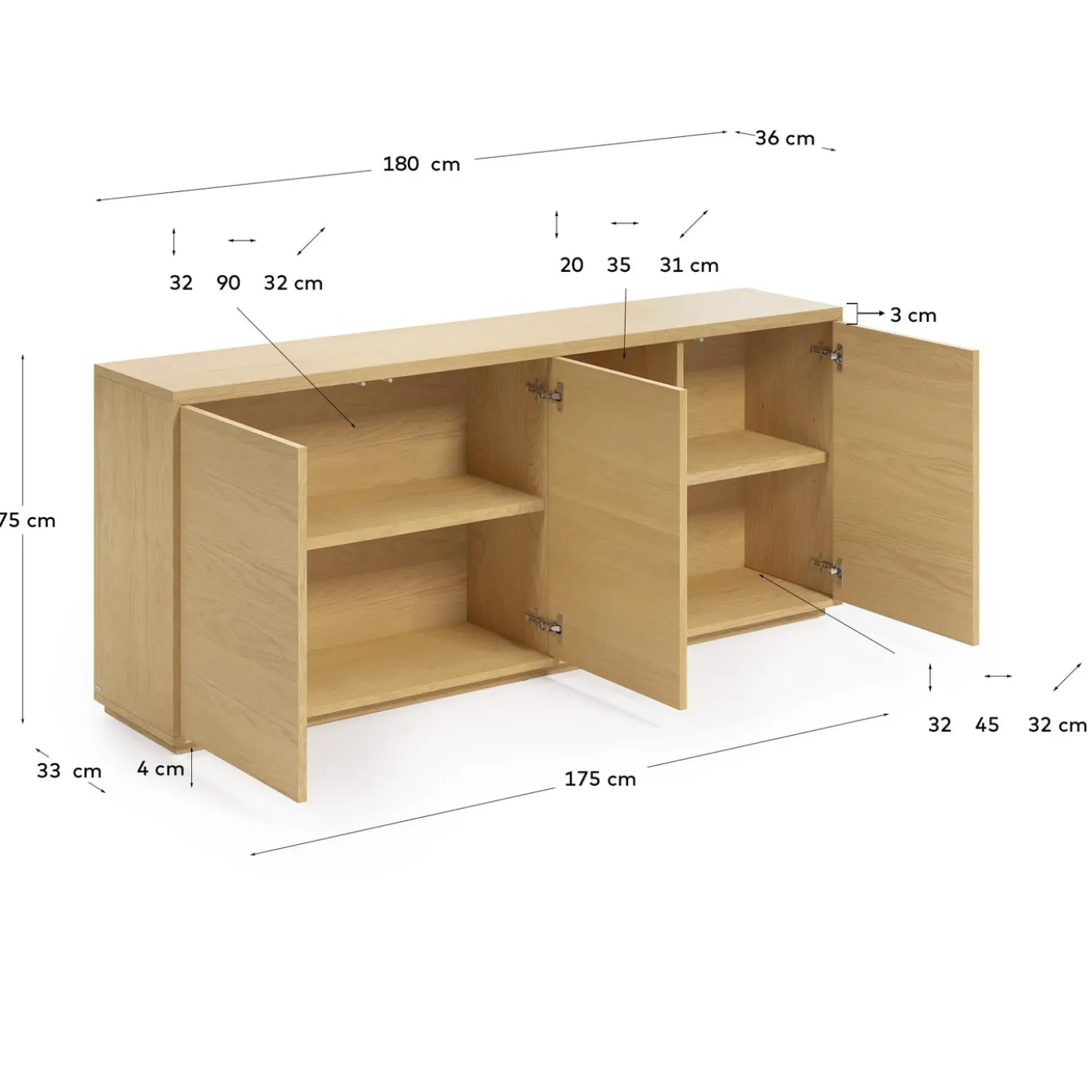 Kave Home Dressoir Abilen Eikenfineer 3-deurs 180x75cm