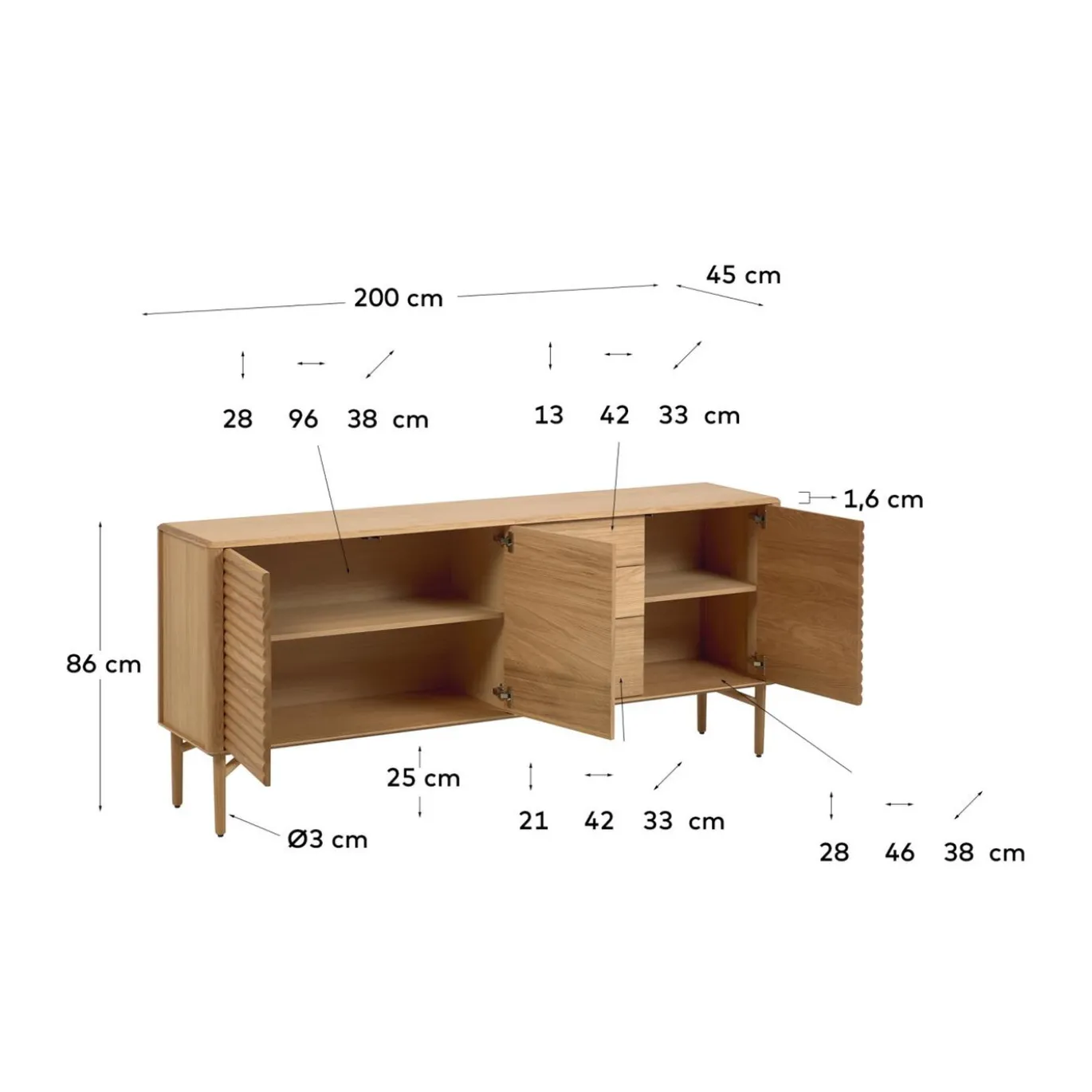 Kave Home Dressoir Lenon 3-deurs Eikenhout 200cm