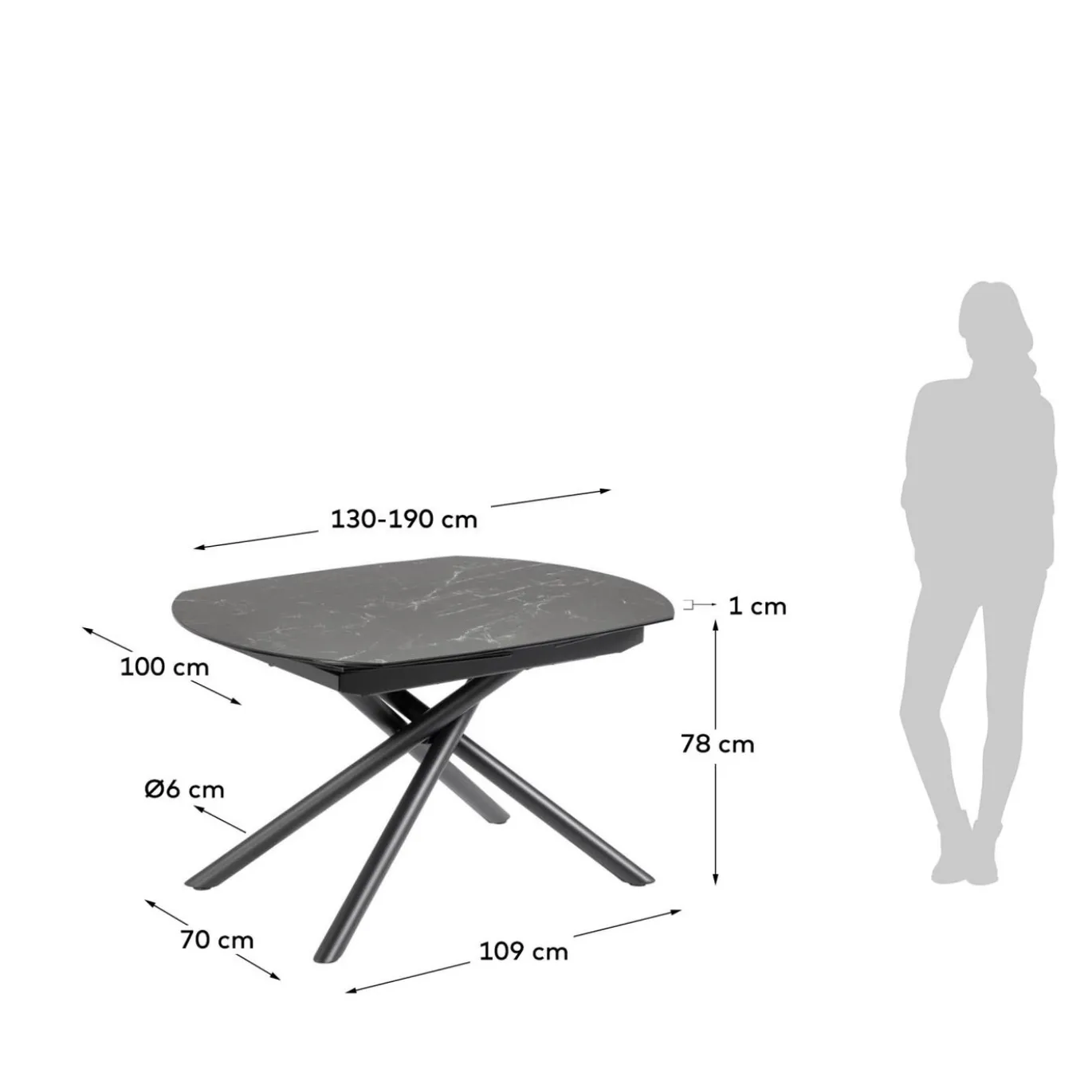 Kave Home Eetkamertafel Vashti Uitschuifbaar Porselein Zwart 130-190cm