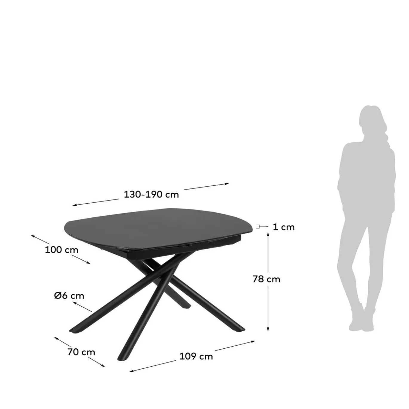 Kave Home Eetkamertafel Vashti Uitschuifbaar Glas Zwart 130-190cm
