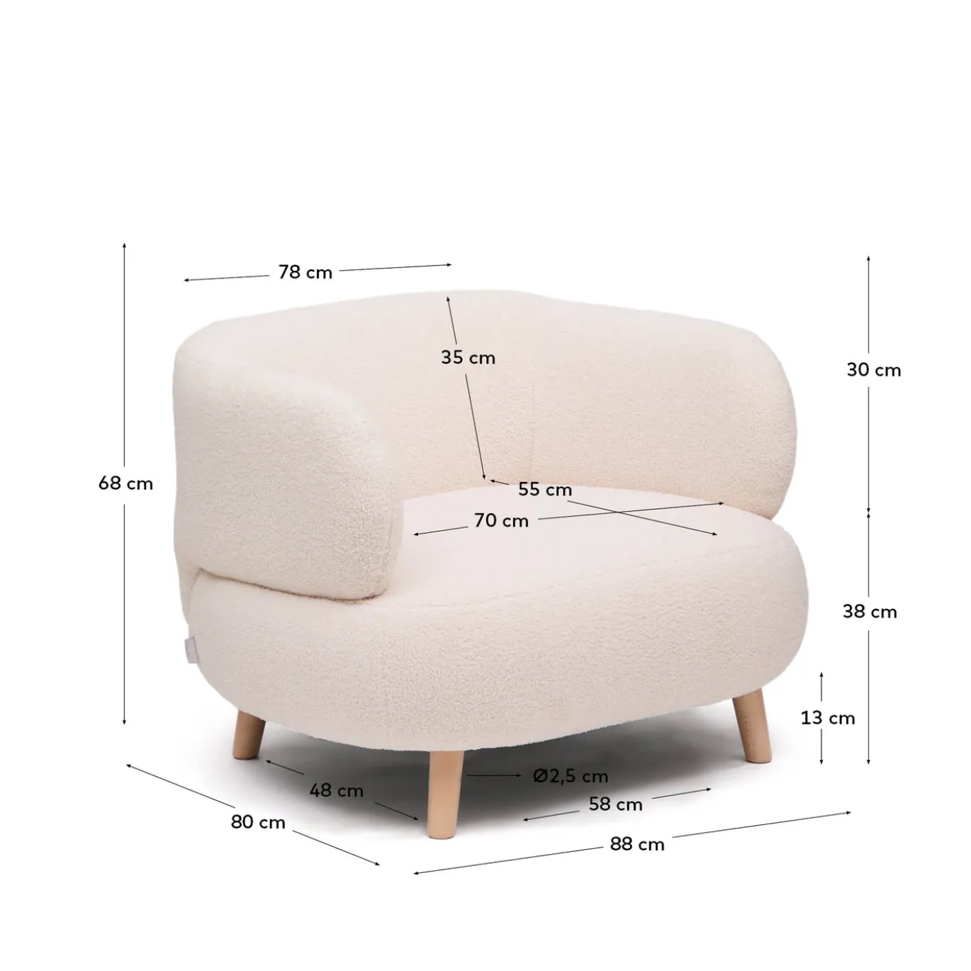 Kave Home Fauteuil Luisa Ecru Bouclé met Beukenhouten Poten 90cm