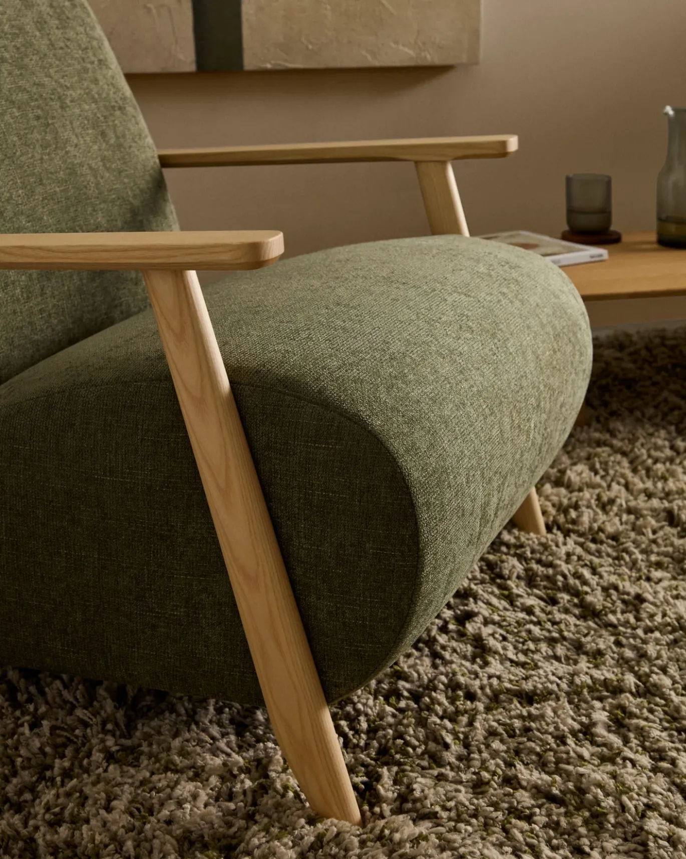Kave Home Fauteuil Meghan Groen/Naturel Chenille En Essenhout