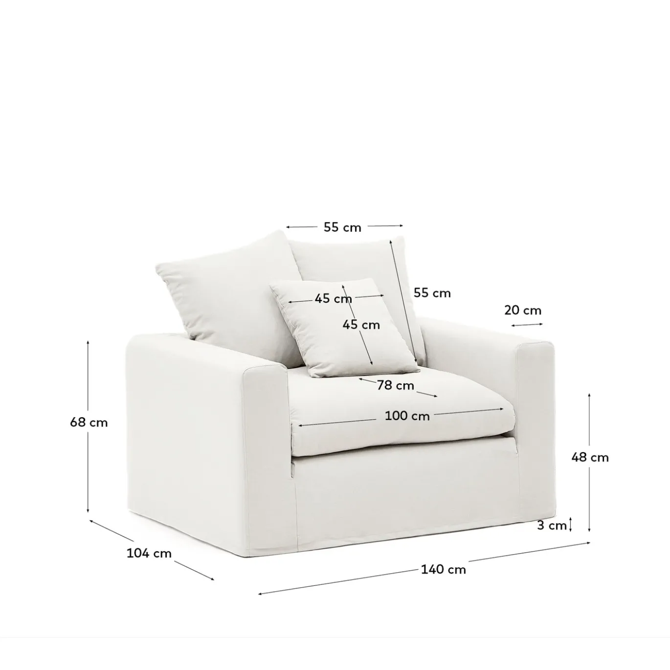 Kave Home Fauteuil Nora Kussen Ecru Linnen en Katoen 140cm